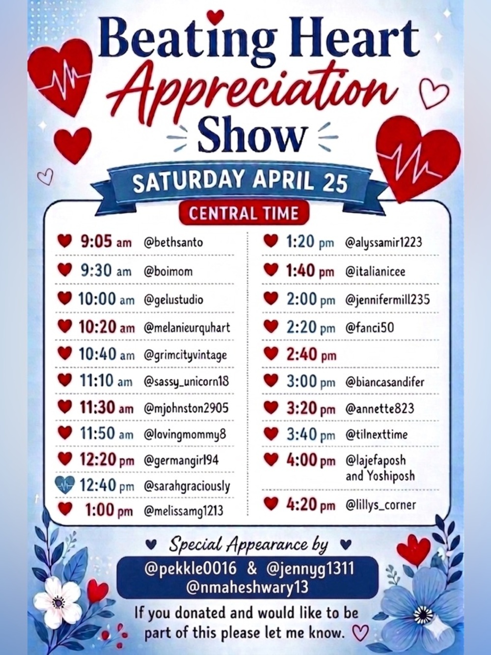Beating Hearts Foundation Appreciation Show April 25th. 9:00 am